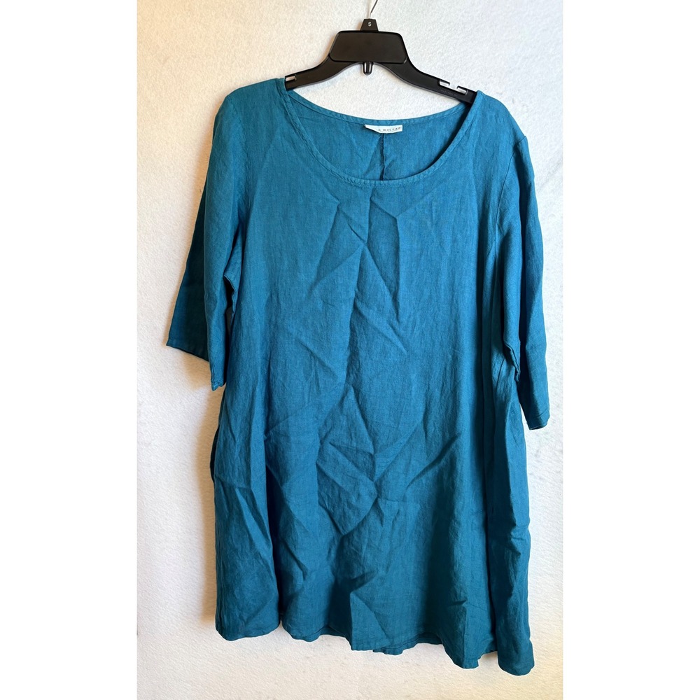 Bryn Walker Teal Blue 100% Linen 3/4‎ Sleeve Tunic Dress with Pockets Womens S